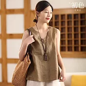 【初色】文藝復古風純色V領無袖打底內搭背心女背心-共6色-11847(M-2XL可選) M 卡其色