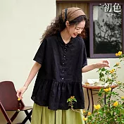 【初色】文藝風拼接荷葉邊下擺寬鬆純色娃娃領短袖襯衫上衣女上衣-共4色-11858(M-2XL可選) XL 黑色