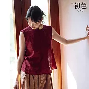 【初色】文藝風簡約棉麻純色圓領無袖寬鬆顯瘦背釦背心上衣女上衣-共2色-11861(M-2XL可選) M 紅色