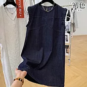 【初色】輕奢感復古拼接寬鬆休閒圓領無袖牛仔連衣裙連身洋裝長洋裝-深藍色-11854(M-2XL可選) M 深藍色