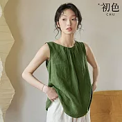 【初色】復古風亞麻寬鬆顯瘦無袖背釦開衩背心上衣女上衣-綠色-11824(M-2XL可選) M 綠色