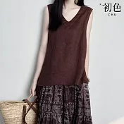 【初色】文藝簡約寬鬆修身V領無袖背心上衣女上衣-共2色-11835(M-2XL可選) M 咖色