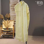 【初色】韓版寬鬆撞色拼接條紋POLO領無袖襯衫裙中長連衣裙連身洋裝-共2色-11863(L-2XL可選) L 黃條紋
