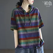 【初色】懷舊復古風多色條紋寬鬆五分袖抽繩連帽帽T上衣女上衣-共3色-11417(L-4XL可選) L 紫藍色條紋