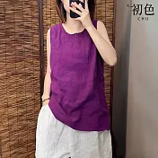 【初色】文藝簡約棉麻風純色圓領無袖打底背心上衣女上衣-共7色-11843(M-2XL可選) M 紫色