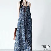 【初色】民族度假風印花細肩吊帶背心裙連身裙長裙連衣洋裝-藍色-11759(M-2XL可選) M 藍色