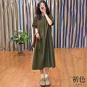 【初色】法式復古寬鬆大碼純色圓領口袋短袖連身裙長裙連衣洋裝-綠色-11764(M-2XL可選) M 綠色
