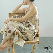 【初色】度假風文藝插圖印花細肩吊帶連身裙長裙連衣洋裝-花色-11765(M-XL可選) M 花色