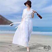 【初色】V領休閒棉麻風系帶收腰顯瘦五分袖連身洋裝+素色細肩吊帶裙套裝-白色-11781(M-2XL可選) M 白色