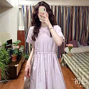 【初色】圓領素色單排扣細帶收腰修身短袖褶皺連身裙洋裝-紫色-11783(M-2XL可選) M 紫色
