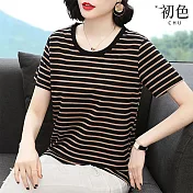 【初色】條紋圓領短袖寬鬆顯瘦T恤上衣女上衣-共2色-11421(M-4XL可選) M 黃色條紋