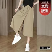 【Jilli~ko】薄款時尚顯瘦休閒開衩闊腿褲 J12195  FREE 卡其