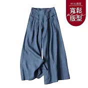 【慢。生活】半鬆緊中腰薄款棉麻九分闊腿褲 123  FREE 藍色