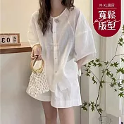 【慢。生活】氣質寬鬆圓領百搭休閒棉麻襯衫 35383  FREE 白色