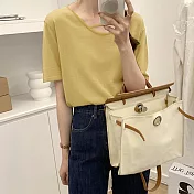 【言】設計款肩縷空純色棉料T恤上衣 (3色)      FREE 黃色