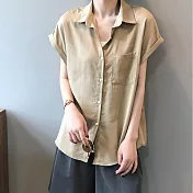 【言】落肩款天絲中長款短袖上衣襯衫      FREE 卡其
