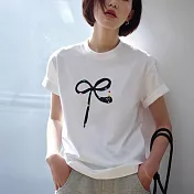 【MsMore】 蝴蝶結小龍印花白色圓領簡約寬鬆休閒短袖棉T恤短版上衣# 124803 M 白色