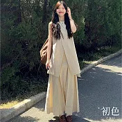 【初色】素色百搭交叉寬鬆無袖上衣+百褶高腰半身裙套裝-杏色-11785(M-2XL可選) M 杏色