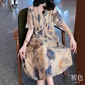 【初色】大碼V領碎花寬鬆遮肉棉麻風五分袖連身裙洋裝-花色-11786(M-2XL可選) M 花色
