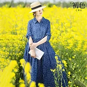 【初色】翻領碎花印花寬鬆收腰顯瘦五分袖連身裙洋裝-藍色-11790(M-2XL可選) M 藍色