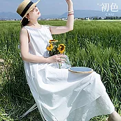 【初色】棉麻文藝純色圓領刺繡花邊無袖背心開叉連衣裙連身洋裝-白色-11840(M-2XL可選) M 白色