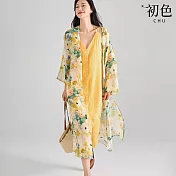 【初色】法式度假風中長款寬鬆花朵印花無領長袖披肩防曬衣外套女外套-花色-11829(L/XL可選) L 花色