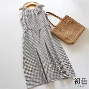 【初色】圓領格紋百搭系帶收腰顯瘦夏季清爽無袖連身裙洋裝-黑白條紋-11793(M-2XL可選) M 黑白條紋