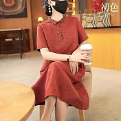 【初色】復古文藝刺繡純色簡約休閒百搭翻領短袖中長裙連衣裙連衣洋裝-棗紅色-35356(M-2XL可選) M 棗紅色