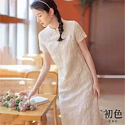 【初色】新中式棉麻風旗袍復古碎花刺繡修身短袖中長裙連身裙洋裝-米白色-11794(M-2XL可選) M 米白色