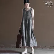 【初色】簡約復古格紋休閒圓領無袖連衣裙連身洋裝長洋裝-黑色-11844(M-2XL可選) M 黑色