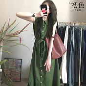 【初色】文藝寬鬆顯瘦純色系帶POLO領A字無袖襯衫中長裙連衣裙連身洋裝-綠色-11831(M-2XL可選) M 綠色