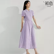 【初色】簡約棉麻純色娃娃領收腰修身短袖連衣裙連身洋裝長洋裝-共2色-11857(M-2XL可選) L 紫色