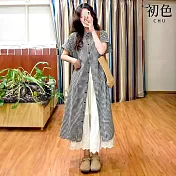 【初色】復古格紋格子立領短袖襯衫裙寬鬆連身裙中長裙連衣裙連身洋裝長裙-共2色-11871(M-2XL可選) M 黑格
