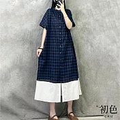 【初色】文藝風格紋拼接圓領單排扣寬鬆顯瘦短袖連身裙洋裝長裙-共2色-11795(M-2XL可選) M 藍格