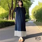 【初色】文藝風格紋拼接圓領單排扣寬鬆顯瘦短袖連身裙洋裝長裙-共2色-11795(M-2XL可選) M 藍格