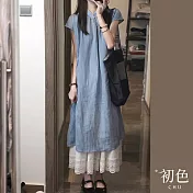 【初色】立領復古旗袍風寬鬆顯瘦短袖氣質連身中長裙洋裝連衣裙長裙-藍色-11798(M-2XL可選) M 藍色