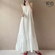 【初色】純色簡約細肩圓領無袖吊帶連身裙寬鬆中長裙連衣裙連身洋裝長裙-共2色-11800(M-2XL可選) M 白色