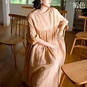 【初色】棉麻風純色圓領寬鬆五分落肩袖繡花刺繡中長連衣裙連身洋裝長裙-咖色-11801(L-2XL可選) L 咖色