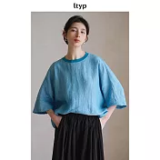 ltyp旅途原品雙色色織漢麻亞麻文藝小衫極簡休閒寬鬆大碼襯衣女 M L  L 孔雀藍
