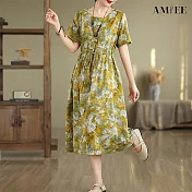 【AMIEE】復古印花民族風收腰顯瘦短袖連衣裙洋裝(KDDY-2405) M 黃色