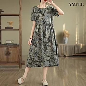 【AMIEE】復古印花民族風收腰顯瘦短袖連衣裙洋裝(KDDY-2405) M 灰色