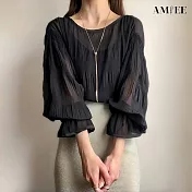 【AMIEE】純色壓褶泡泡袖長袖圓領雪紡衫上衣(KDTY-4377) M 黑色