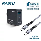【台灣製造】RASTO RB40 65W GaN氮化鎵三孔極速充電器 + 100W C to C 鋁製快充傳輸線組 黑