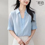 【初色】法式假兩件拼接翻領V領五分袖輕薄襯衫寬鬆上衣女上衣-灰藍色-11545(M-2XL可選) M 灰藍色