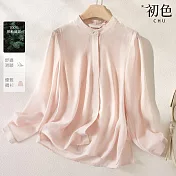 【初色】純色簡約半立領寬鬆長袖雪紡垂墜感輕薄透氣襯衫上衣女上衣-粉色-11553(M-2XL可選) L 粉色