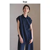 ltyp旅途原品 皺感肌理亞麻不對稱繫帶襯衫女夏季通勤時尚襯衣上衣 M L M 星空藍