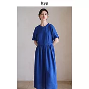 ltyp旅途原品 100%色織亞麻文藝連衣裙 簡約風短袖連衣裙女夏新款 M L  M 克萊茵藍