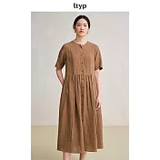 ltyp旅途原品 100%色織亞麻文藝連衣裙 簡約風短袖連衣裙女夏新款 M L  M 胡桃棕