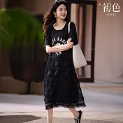 【初色】圓領短袖印花蕾絲拼接時尚中長連衣裙連身洋裝-黑色-11667(M-4XL可選) M 黑色