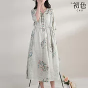 【初色】復古小碎花V領七分袖寬鬆顯瘦中長連衣裙連身洋裝-花色-11805(M-2XL可選) M 花色